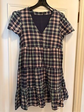 Madewell Navy Plaid Tiered Cotton Dress
